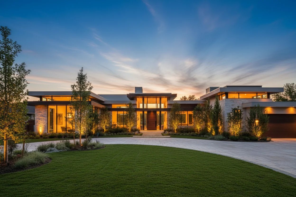 Modern luxury estate home at dusk with warm lighting