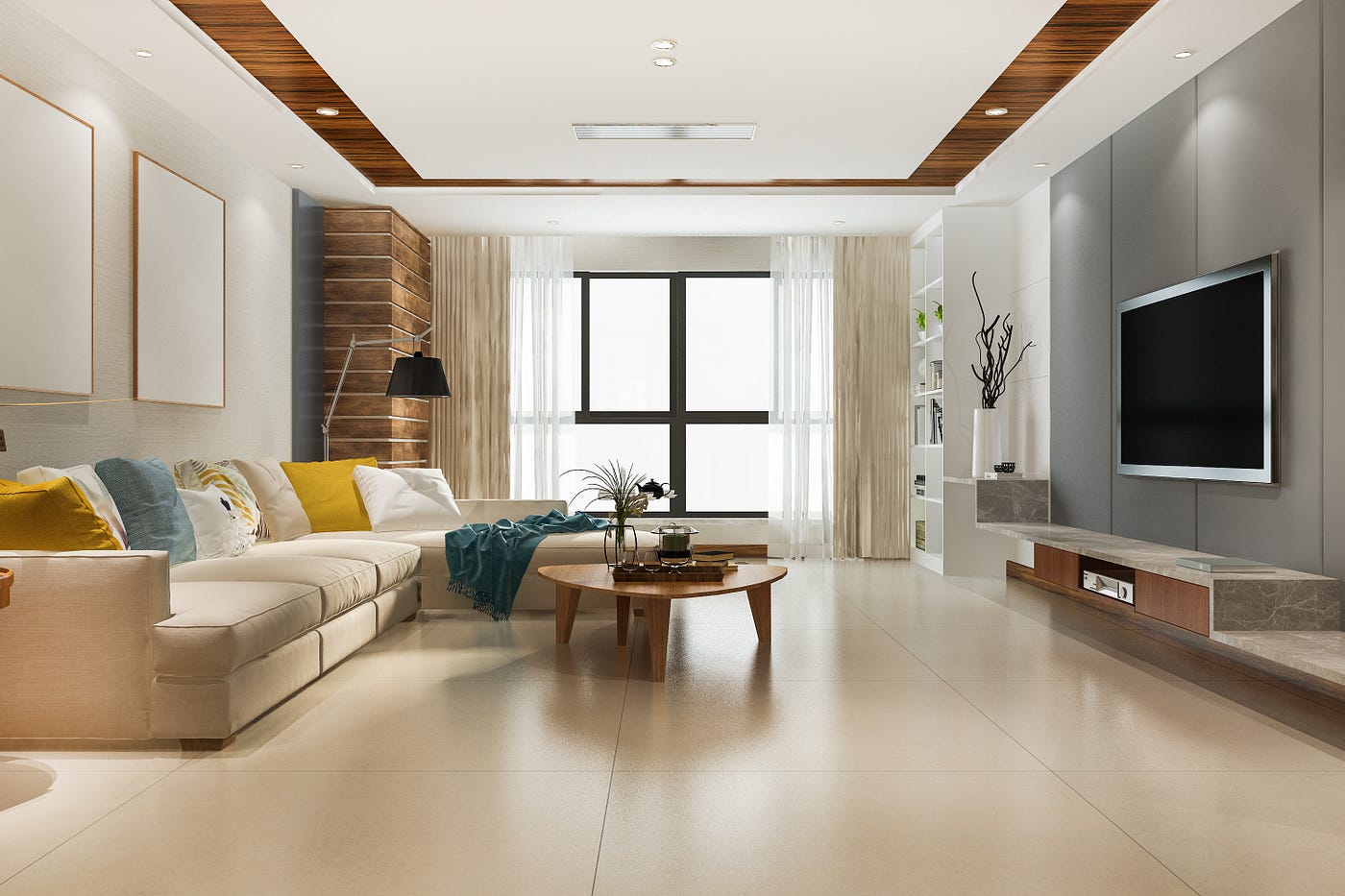 Renovated open-concept living room with custom ceiling